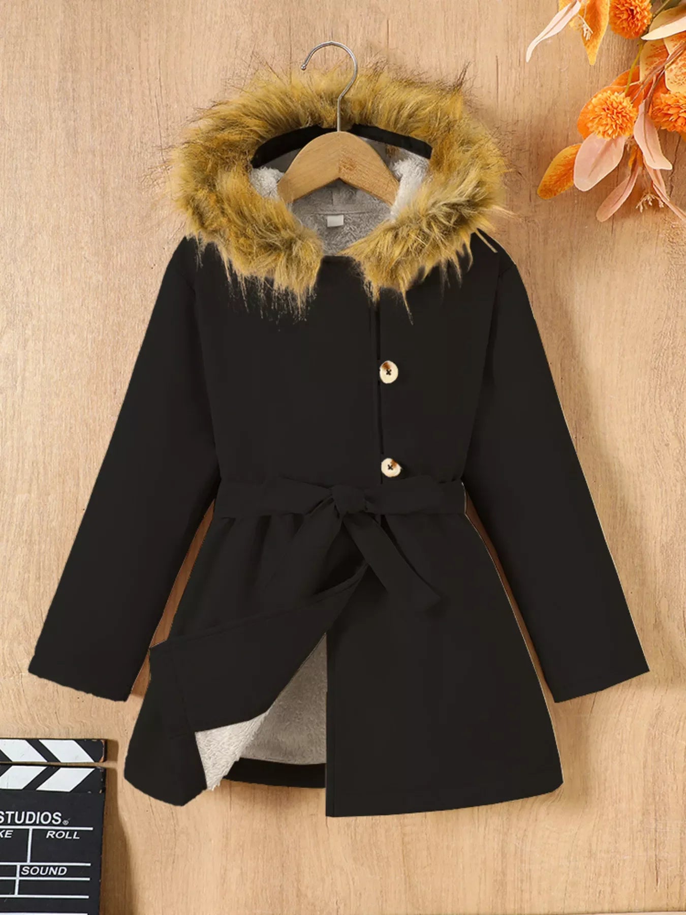 Children's Tie Waist Faux Fur Hooded Outerwear - Kidohop