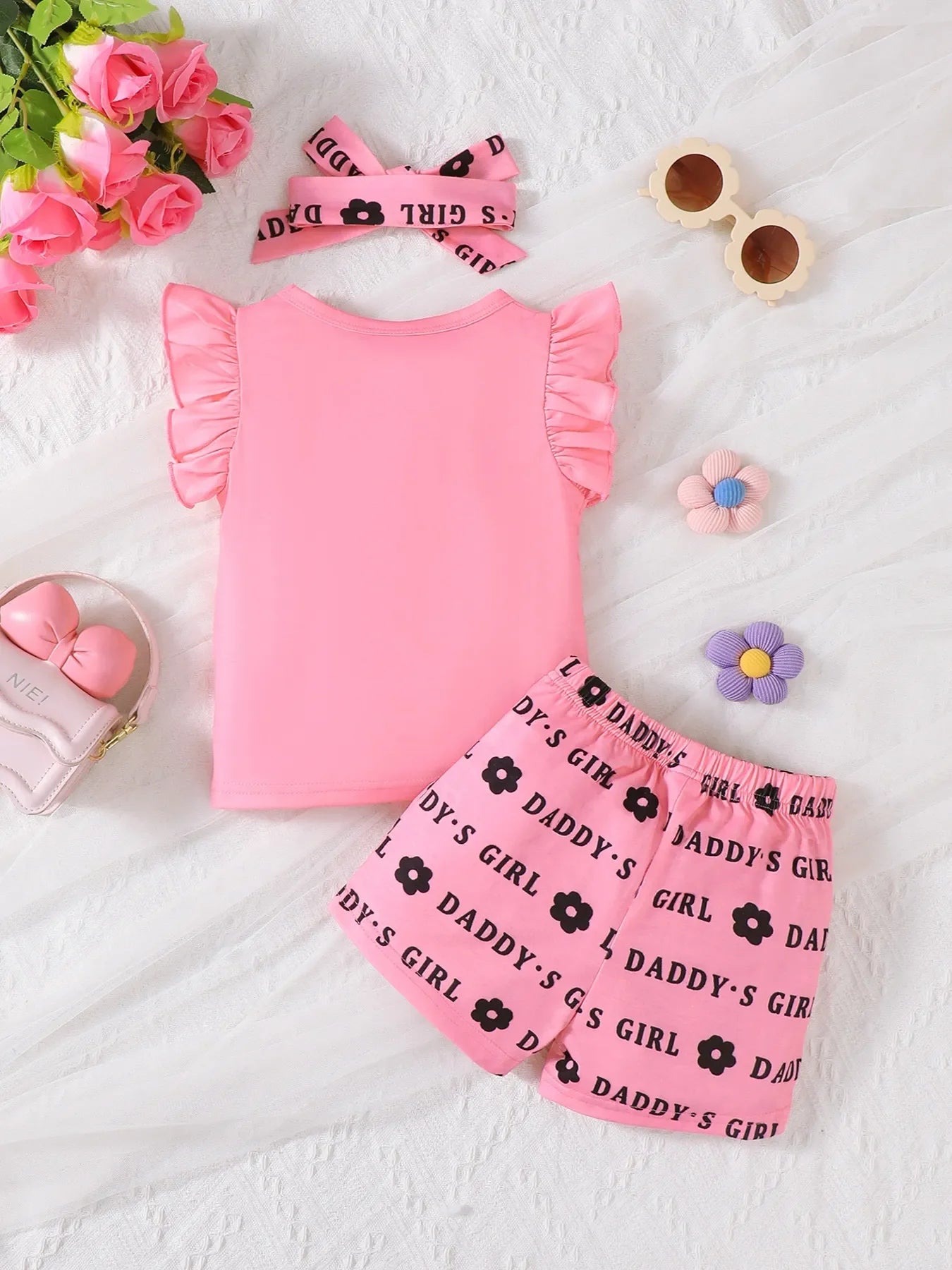 Baby Girls Ruffle Sleeve Top, Shorts & Headband 3-Piece Outfit Set – Letter Print Summer Clothes - Kidohop