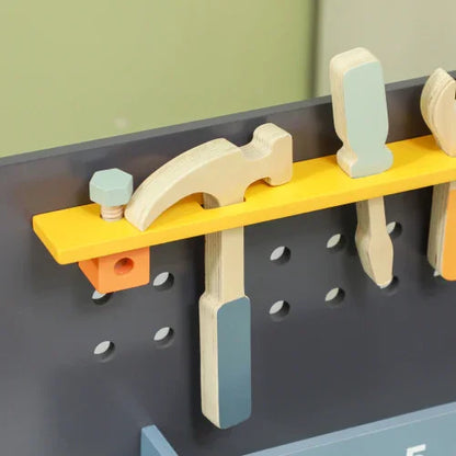 Qaba Kids Wooden Tool Bench | 49-Piece Pretend Play Workbench | Construction Tool Set for Toddlers Ages 3-6 | Light Blue - Kidohop