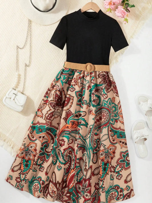 Children's Printed Short Sleeve Dress - Kidohop