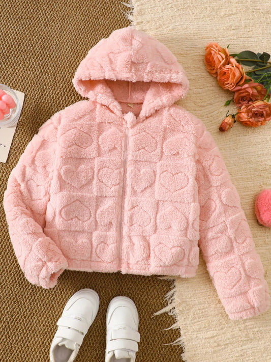 Children's Heart Pattern Fuzzy Hooded Outerwear - Kidohop