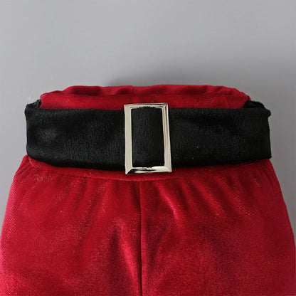Red velvet fabric with black belt and gold buckle, Santa Claus costume detail