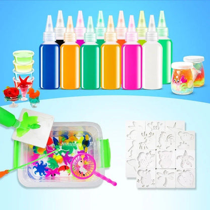 Colorful magic water elf gel kit with molds, bottles, mixing tray, and finished 3D shapes