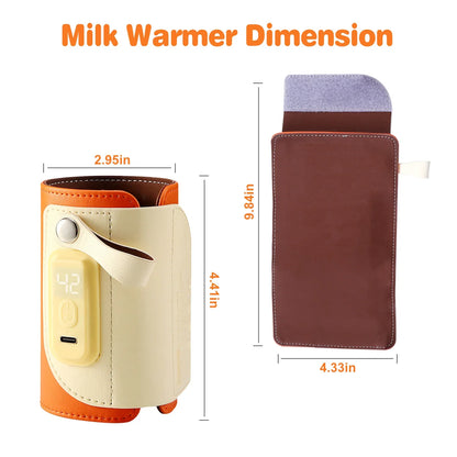 Portable Milk Warmer with 5 Temperature Levels – 24H Constant Warming, Type-C Fast Charging, PU Leather Travel Bottle Warmer (Orange) - Kidohop
