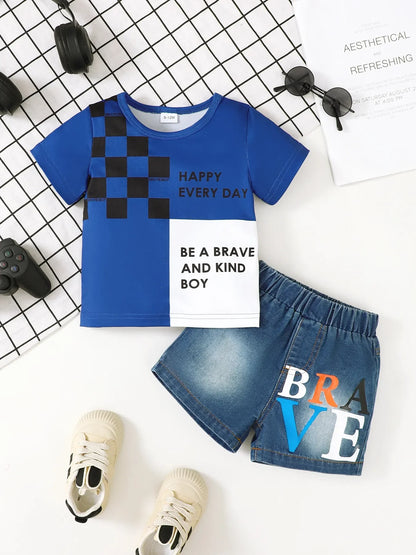 Children's Letter Round Neck Top and Denim Shorts Set - Kidohop