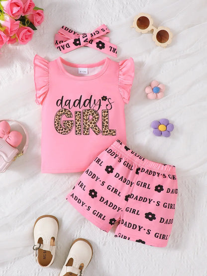Baby Girls Ruffle Sleeve Top, Shorts & Headband 3-Piece Outfit Set – Letter Print Summer Clothes - Kidohop