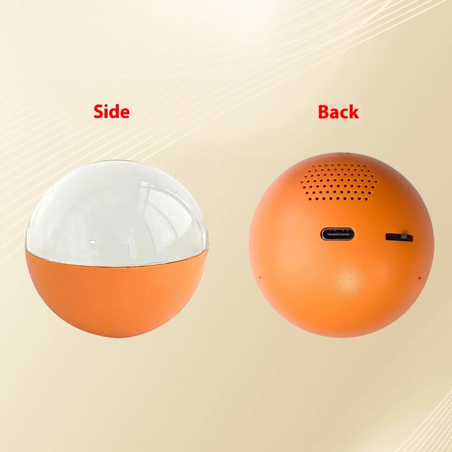 Orange spherical gadget with clear dome, USB-C port, speaker vents, and power switch on beige background.