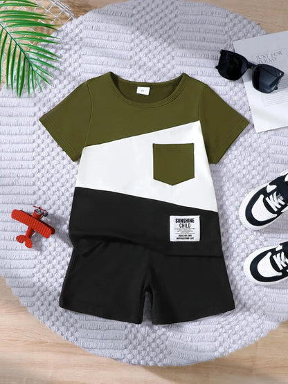 Kids Color Block Short Sleeve Top and Shorts Set – Two-Piece Summer Outfit for Boys &amp; Girls - Kidohop