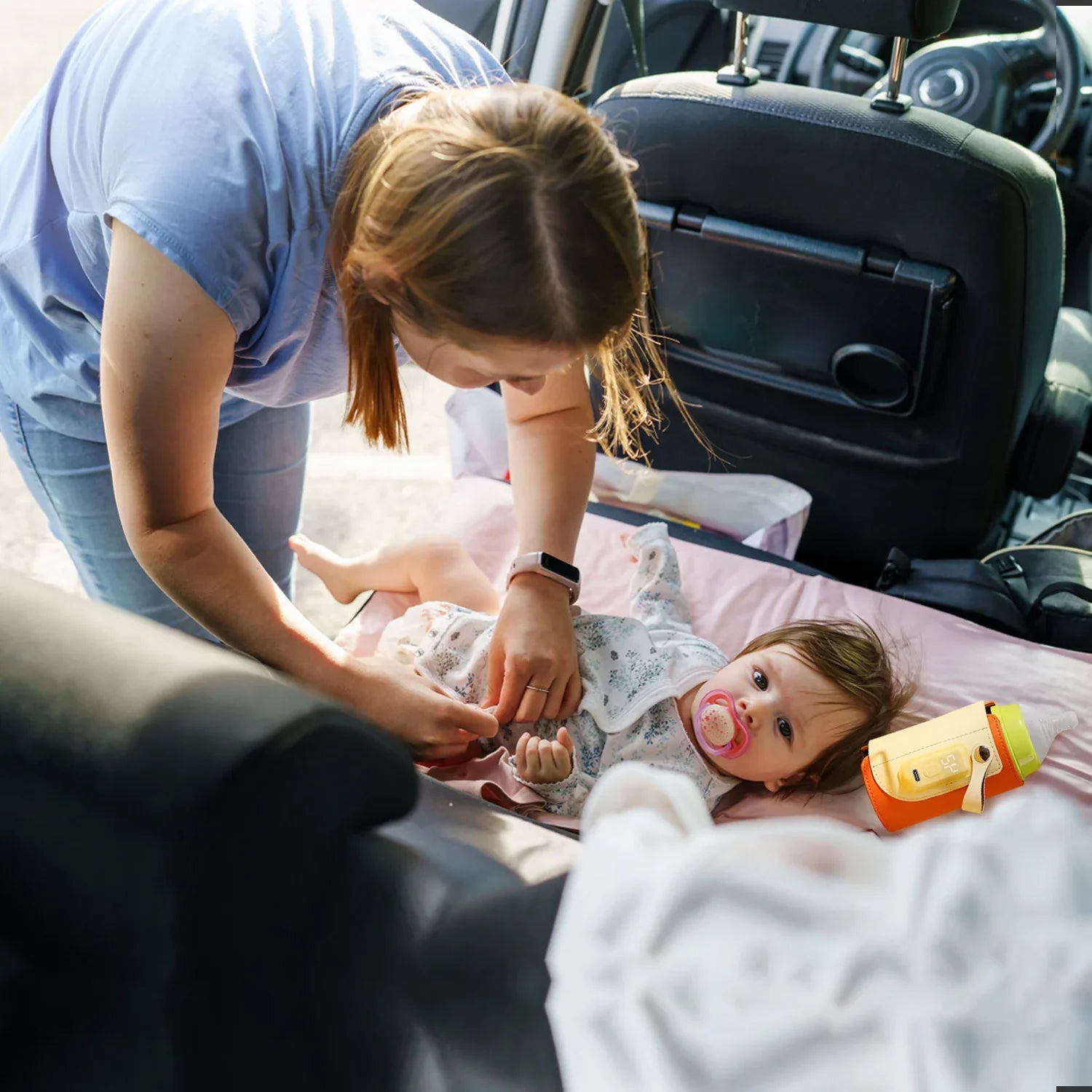 Portable Milk Warmer with 5 Temperature Levels – 24H Constant Warming, Type-C Fast Charging, PU Leather Travel Bottle Warmer (Orange) - Kidohop