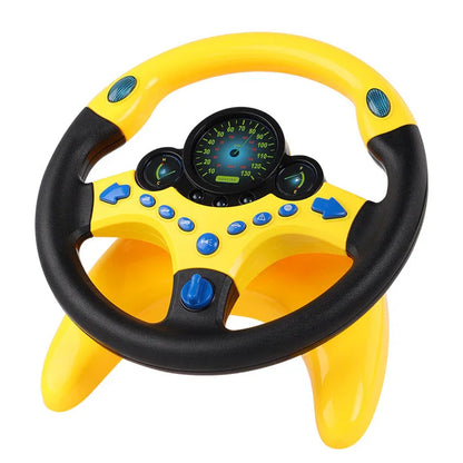 Yellow and black toy steering wheel with blue buttons and dashboard for kids