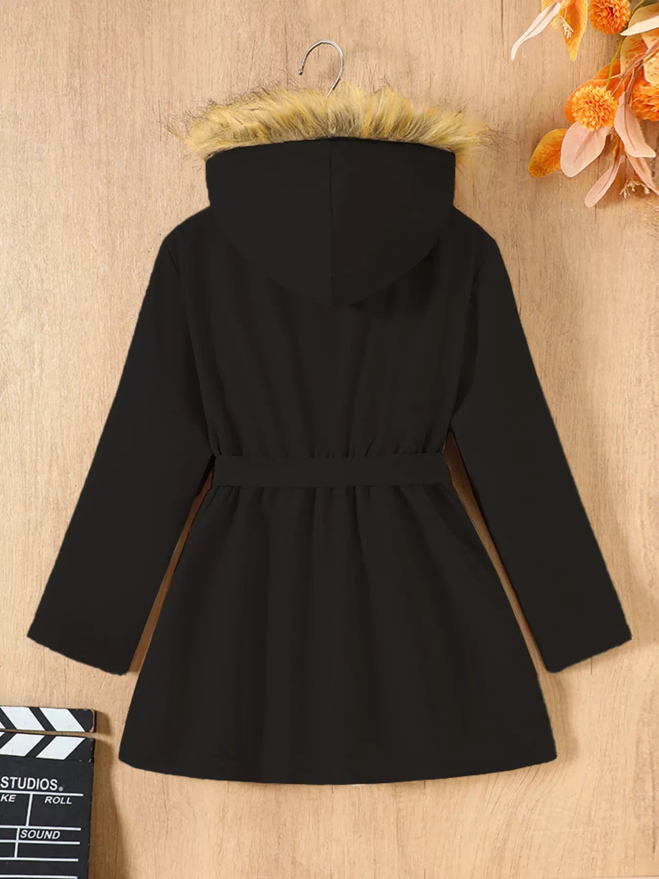 Children's Tie Waist Faux Fur Hooded Outerwear - Kidohop