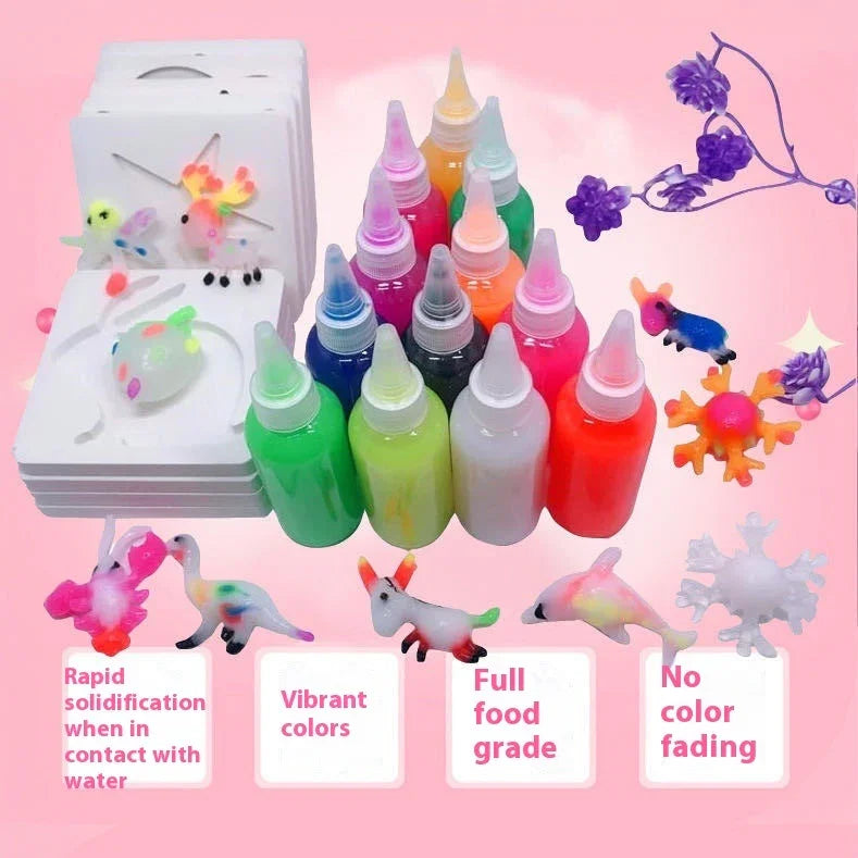 Colorful DIY 3D animal craft kit with molds and vibrant liquid pigment bottles on pink background