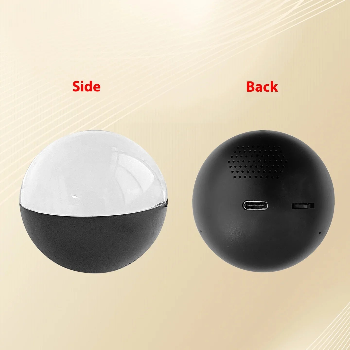 Black spherical smart device side and back view with USB port and speaker holes