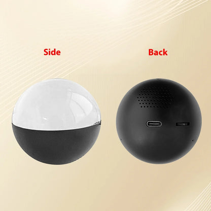 Black spherical smart device side and back view with USB port and speaker holes